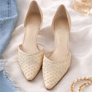 Nina Nude D’Orsay Pointed Toe Heels | Elegant Mesh Gold Detail Wedding Shoes